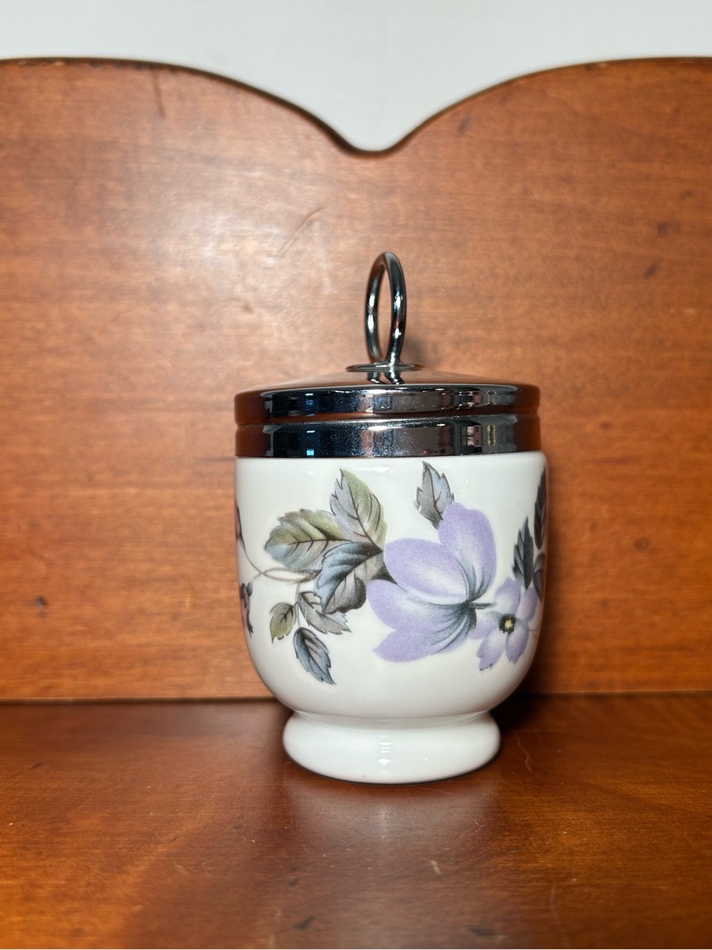 Porcelain Egg Coddler with Lavender Floral Design and Silver Lid
